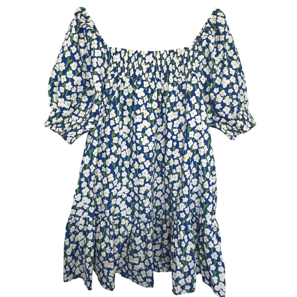 Elan Dress Blue Daisy Floral Smocked Puff Sleeve Peasant Boho Tiered Size 2X
